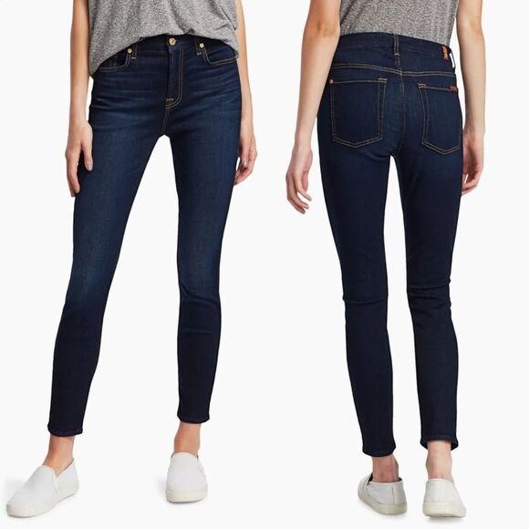 7 For All Mankind The High Rise Ankle Skinny Dark Wash Jeans - Picture 1 of 10